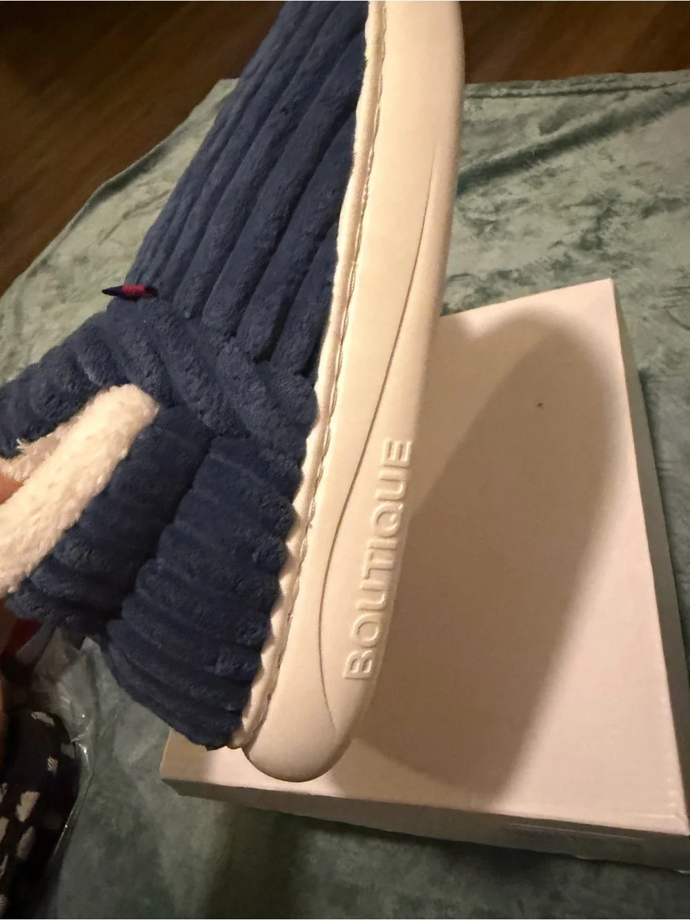 Plush Navy Blue Corduroy Slide Slippers